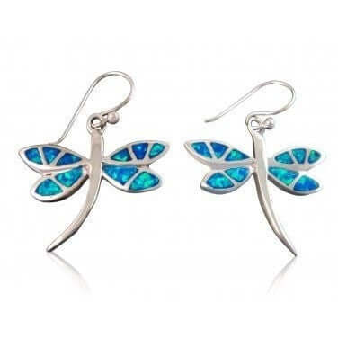 925 Sterling Silver Hawaiian Blue Fire Inlay Opal Dragonfly Dangle Earrings Set