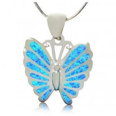 925 Sterling Silver Hawaiian Blue Inlay Fire Opal Lovely Butterfly Charm Pendant
