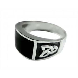 925 Sterling Silver Men's Rectangle Black Onyx Celtic Irish Knot Triquetra Ring