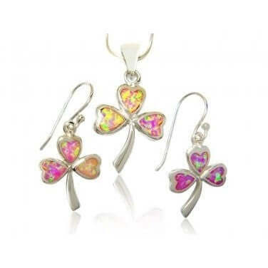 925 Sterling Silver Pink Fire Inlay Opal Celtic Irish Shamrock Clover Pendant Earrings Set