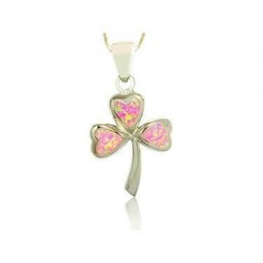 925 Sterling Silver Pink Fire Opal Lucky Celtic Irish Clover Shamrock Charm Pendant