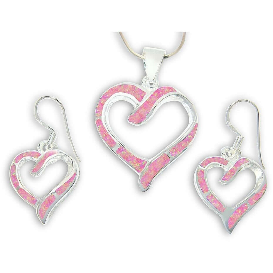 Sterling Silver Pink Fire Opal Heart Jewelry Set - SilverMania925
