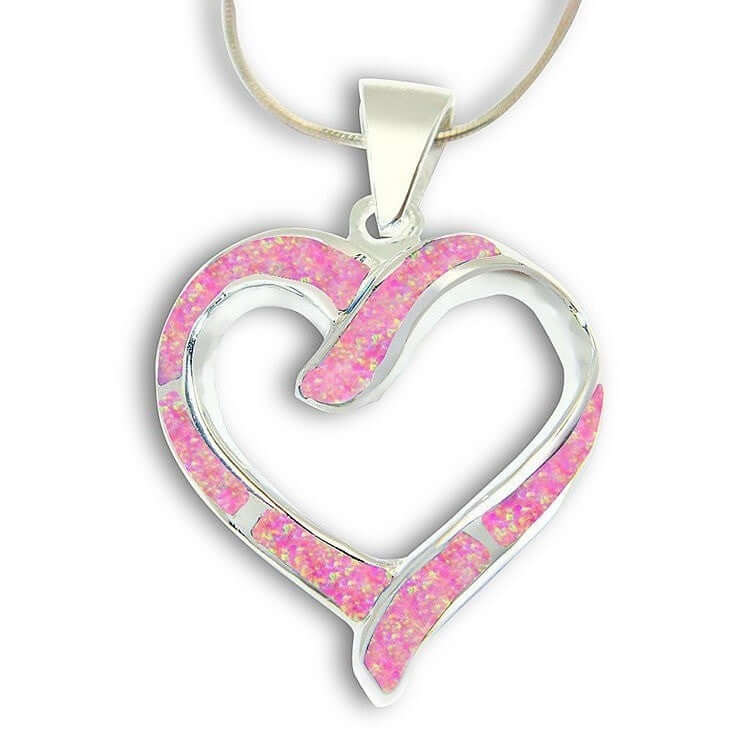 925 Sterling Silver Pink Inlay Opal Heart Pendant - SilverMania925