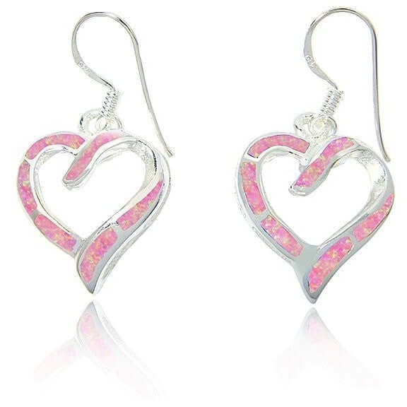 925 Sterling Silver Pink Fire Inlay Opal Love Heart Dangle Earrings Set