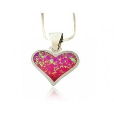 925 Sterling Silver Pink Fire Inlay Opal Heart Love Charm Pendant