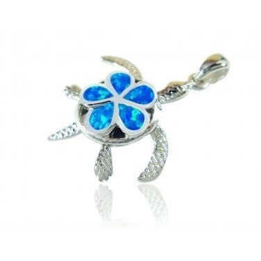 Sterling Silver Blue Opal Plumeria Turtle Pendant - SilverMania925