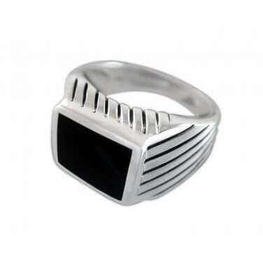 925 Sterling Silver Mens High Polish Black Onyx Striped Sides Ring - SilverMania925