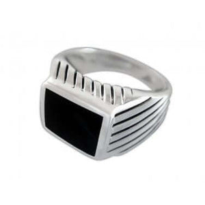 925 Sterling Silver Mens High Polish Black Onyx Striped Sides Ring