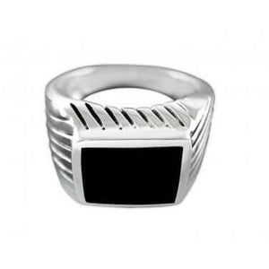 925 Sterling Silver Mens High Polish Black Onyx Striped Sides Ring