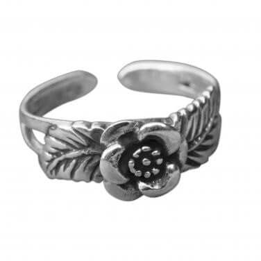 925 Sterling Silver Rose Leaf Oxidized Adjustable Pinky Toe Ring
