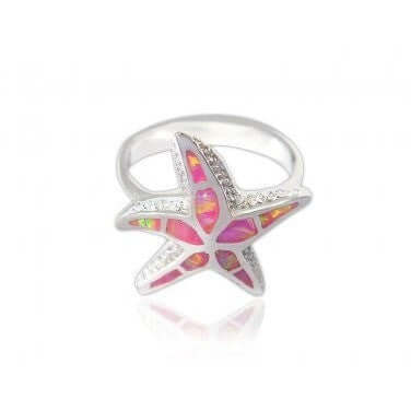 925 Sterling Silver Pink Inlay Fire Opal 3D Sea Starfish Lovely Ring - SilverMania925