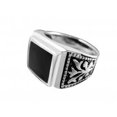 925 Sterling Silver Mens Black Onyx Celtic Irish Engraved Sides Ring - SilverMania925