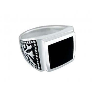 925 Sterling Silver Mens Black Onyx Celtic Irish Engraved Sides Ring - SilverMania925