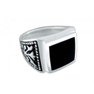 925 Sterling Silver Mens Black Onyx Celtic Irish Engraved Sides Ring