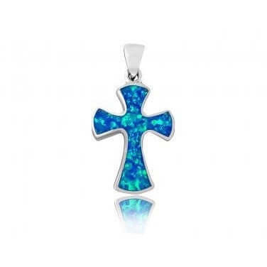 Sterling Silver Blue Opal Gothic Cross Pendant - SilverMania925