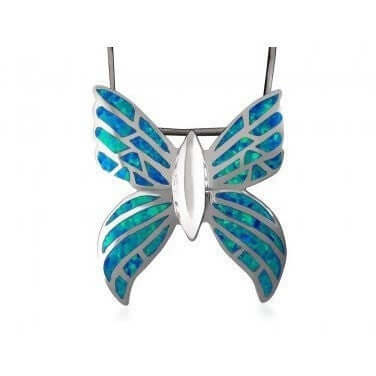 925 Sterling Silver Hawaiian Blue Opal Butterfly Pendant - SilverMania925