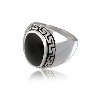 Sterling Silver Greek Key Mens Ring with Black Onyx - SilverMania925