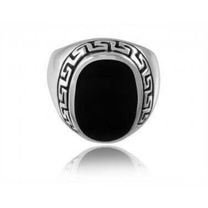 925 Sterling Silver Men's Oval Black Onyx Engraved Greek Key Meander Thick Ring