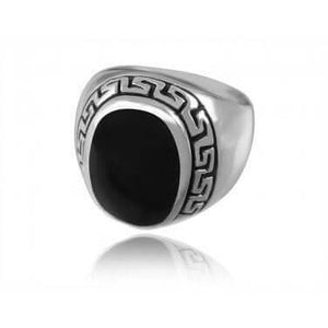925 Sterling Silver Men's Oval Black Onyx Engraved Greek Key Meander Thick Ring