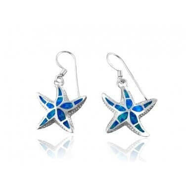 925 Sterling Silver Hawaiian Blue Inlay Opal Starfish Sea Dangle Earrings Set
