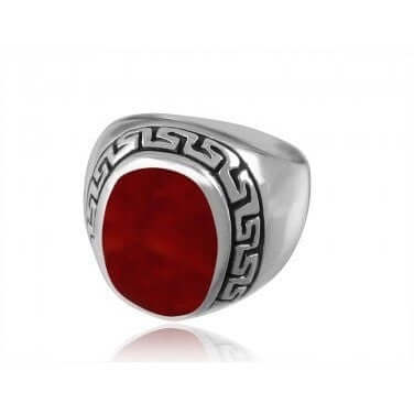 925 Sterling Silver Mens Greek Key Ring with Carnelian - SilverMania925