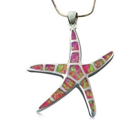 925 Sterling Silver Pink Fire Inlay Opal Sea Life Big Starfish Charm Pendant 7gr