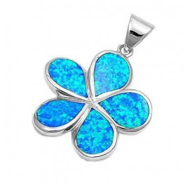 925 Sterling Silver Hawaiian Blue Fire Inlay Opal Plumeria Flower Charm Pendant