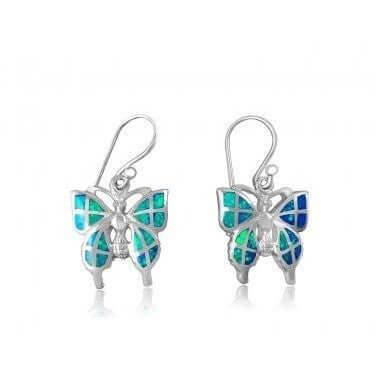 925 Sterling Silver Hawaiian Blue Inlay Fire Opal Butterfly Dangle Earrings Set