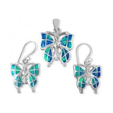 925 Sterling Silver Hawaiian Blue Fire Inlay Opal Butterfly Pendant Dangle Earrings Set