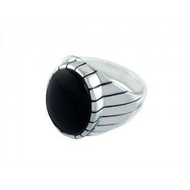 925 Sterling Silver Mens Oval Black Onyx Engraved Sides Classic Ring - SilverMania925