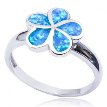 925 Sterling Silver Hawaiian Blue Inlay Fire Opal Plumeria Flower Ring - SilverMania925