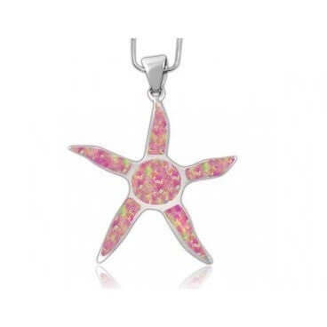 925 Sterling Silver Pink Inlay Fire Opal Starfish Sun Charm Pendant - SilverMania925