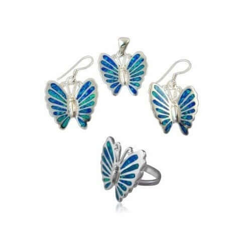 925 Sterling Silver Hawaiian Blue Inlay Fire Opal Butterfly Ring Pendant Dangle Earrings Set