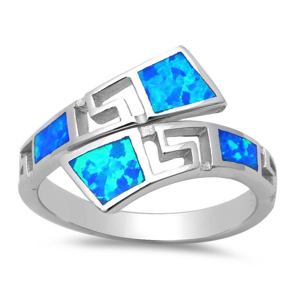 925 Sterling Silver Hawaiian Blue Fire Inlay Opal Greek Key Meander Meandros Ring - SilverMania925