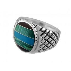 925 Sterling Silver Mens Onyx Malachite Turquoise Checkered Sides Solid Ring