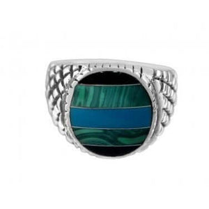 925 Sterling Silver Mens Onyx Malachite Turquoise Checkered Sides Solid Ring