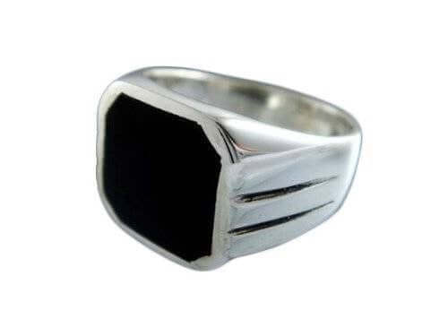 925 Sterling Silver Men's Square Black Onyx Stone Classic Band Ring, 11gr - SilverMania925