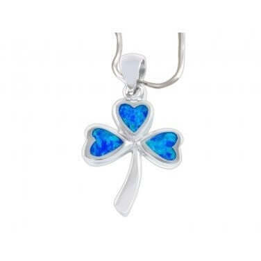 925 Sterling Silver Hawaiian Blue Fire Opal Lucky Celtic Irish Clover Shamrock Charm Pendant