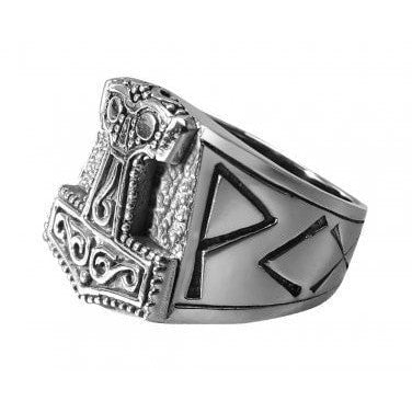 925 Sterling Silver Viking Mjolnir Runes Biker Ring - SilverMania925