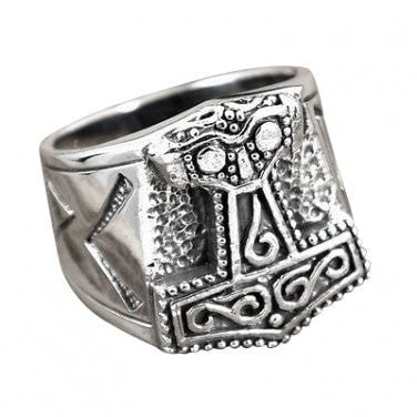 925 Sterling Silver Viking Mjolnir Runes Biker Ring - SilverMania925