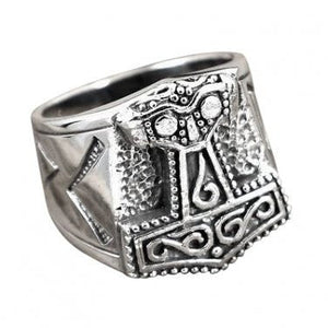 925 Sterling Silver Viking Mjolnir Runes Biker Ring