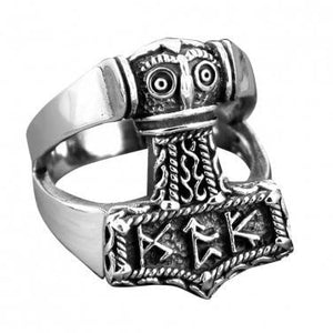 925 Sterling Silver Viking Thunder God Thor Hammer Mjölnir Mjolnir Futhark Norse Runes Biker Ring