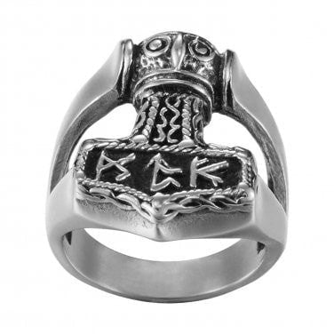 925 Sterling Silver Thor Hammer Ring with Runes - SilverMania925