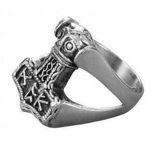 925 Sterling Silver Viking Thunder God Thor Hammer Mjölnir Mjolnir Futhark Norse Runes Biker Ring