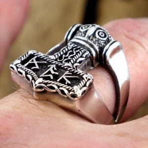 925 Sterling Silver Viking Thunder God Thor Hammer Mjölnir Mjolnir Futhark Norse Runes Biker Ring
