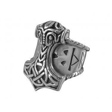 Sterling Silver Mjolnir Ring with Runes and Knotwork - SilverMania925