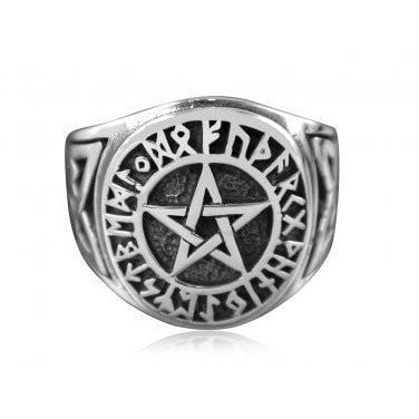 Sterling Silver Pentagram with Runes and Knotwork Ring - SilverMania925