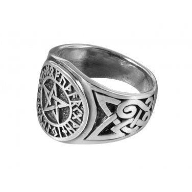 Sterling Silver Pentagram with Runes and Knotwork Ring - SilverMania925