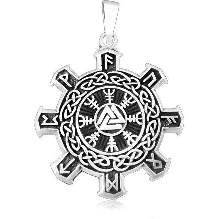 Sterling Silver Aegishjalmur, Valknut and Runes Pendant - SilverMania925