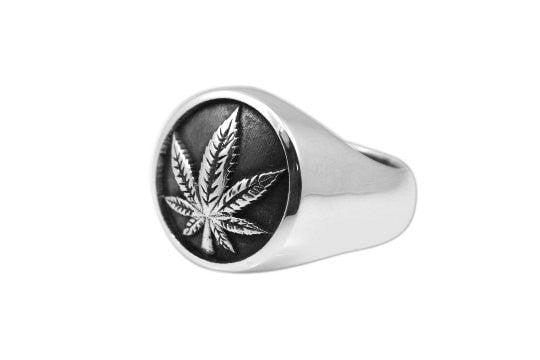 925 Sterling Silver Signet Marijuana Pot Leaf Cannabis Smoke Weed Ganja Hippy Ring - SilverMania925